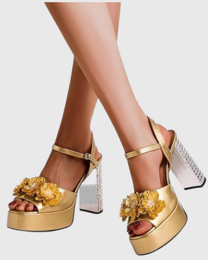 Cai Rhinestone Flower Strap Platform Sandals In Gold