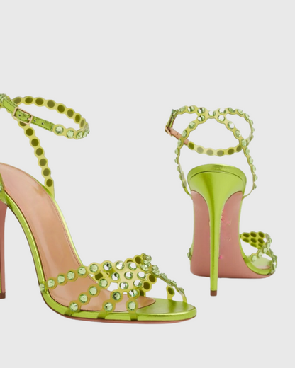 Cameo Rhinestone Embellished PVC Strap Sandals In Green