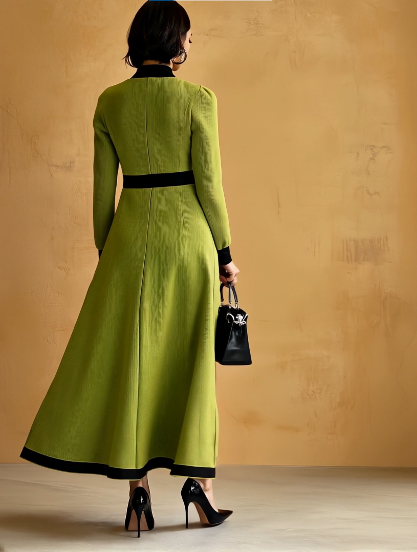 Elegant Green Knitted Shirt Dress With Black Trim