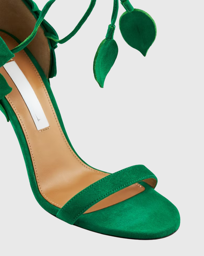 Cher Leaf Velvet Sandals In Green