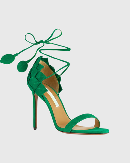 Cher Leaf Velvet Sandals In Green