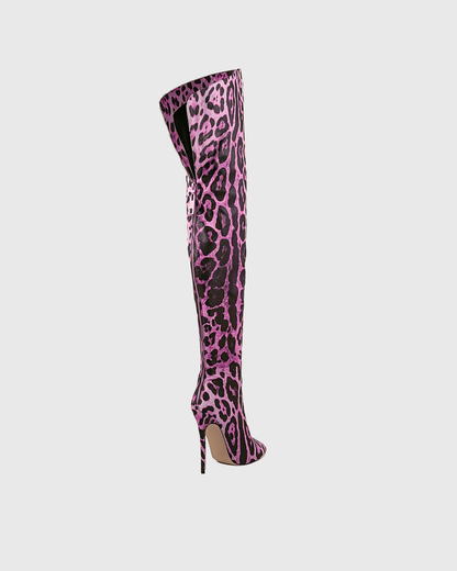 Claretta Leopard Print Over The Knee Boots In Violet