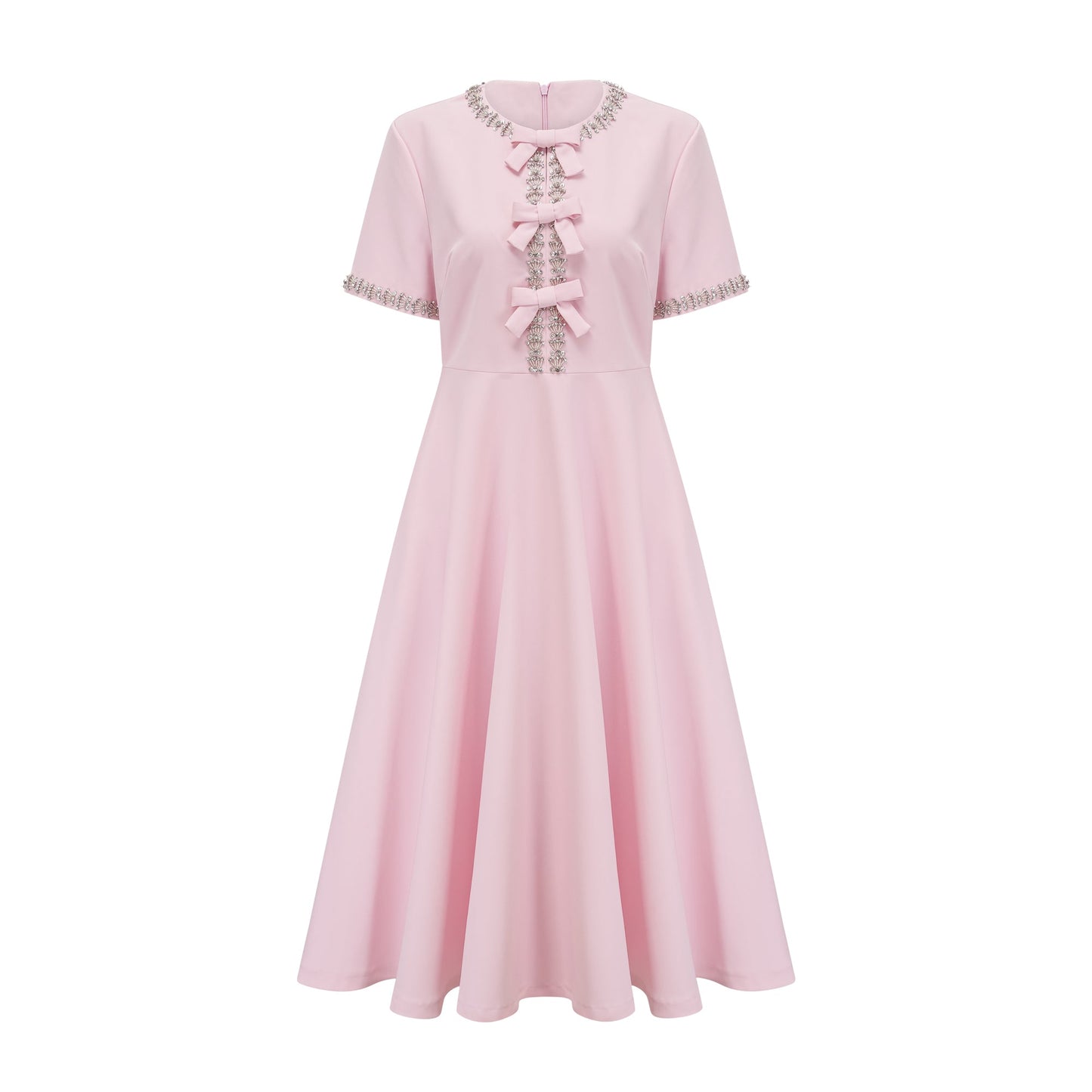 Cassi crystal-accented pink bow midi dress