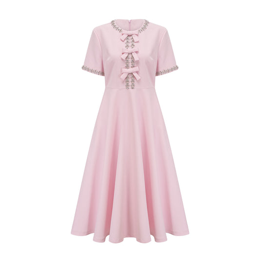 Cassi crystal-accented pink bow midi dress