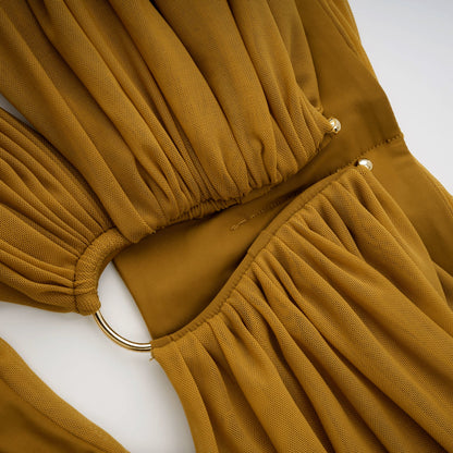 Ludivine ocher off-shoulder cut-out ruched maxi dress
