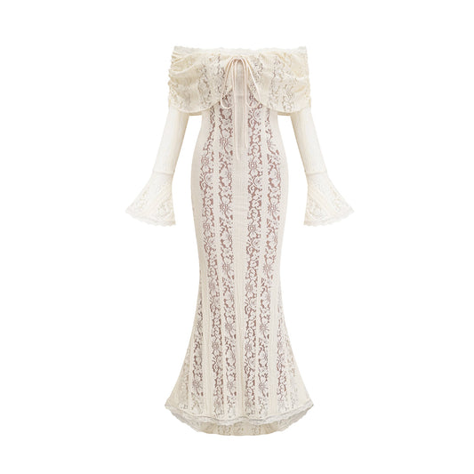 Émeline floral lace flared-cuff maxi dress in Neutrals