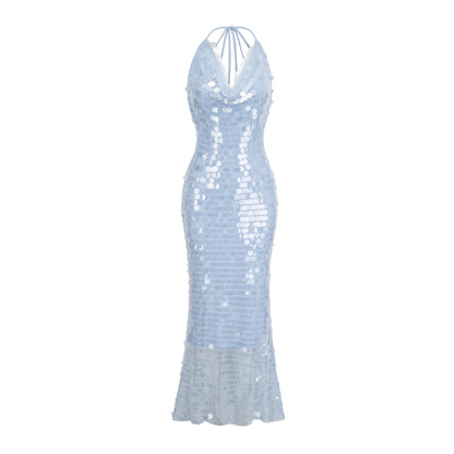 Babette blue halterneck sequined midi dress