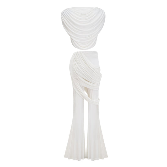 Dulcie White Asymmetrical Ruched Matching Set