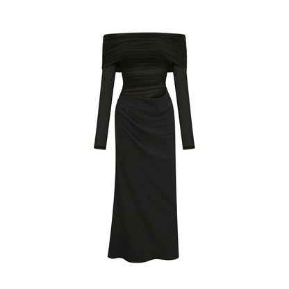 Estelle off-shoulder semi-sheer midi dress in Black