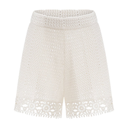 Gisèle White Floral Appliqué Crochet Knit Two-Piece Top and Shorts Set