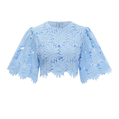 Audrey blue guipure-lace top & skirt matching set