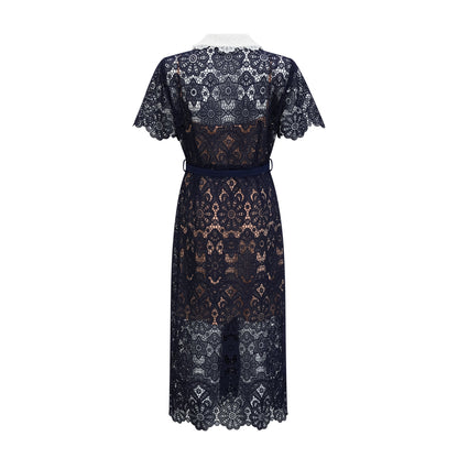 Ariane dark-blue floral crochet-lace midi dress