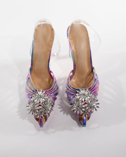 Dallas Crystal Flower Cage Sandals In Purple
