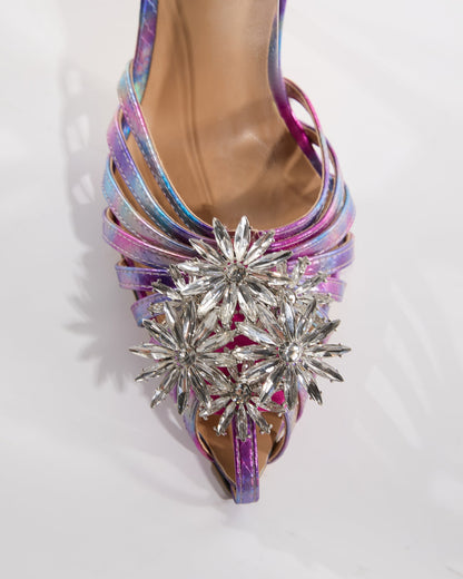 Dallas Crystal Flower Cage Sandals In Purple