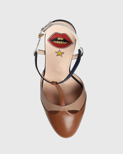 Dionisia Stripe Strap Platform Heels In Brown