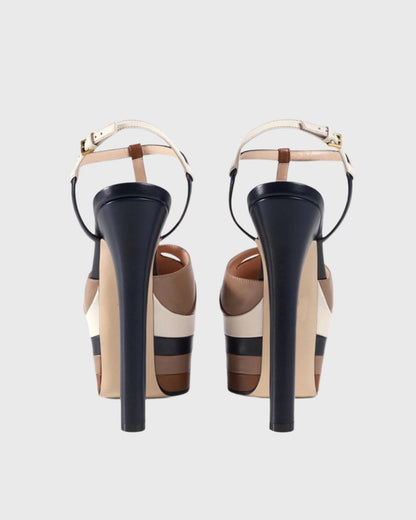 Dionisia Stripe Strap Platform Heels In Brown