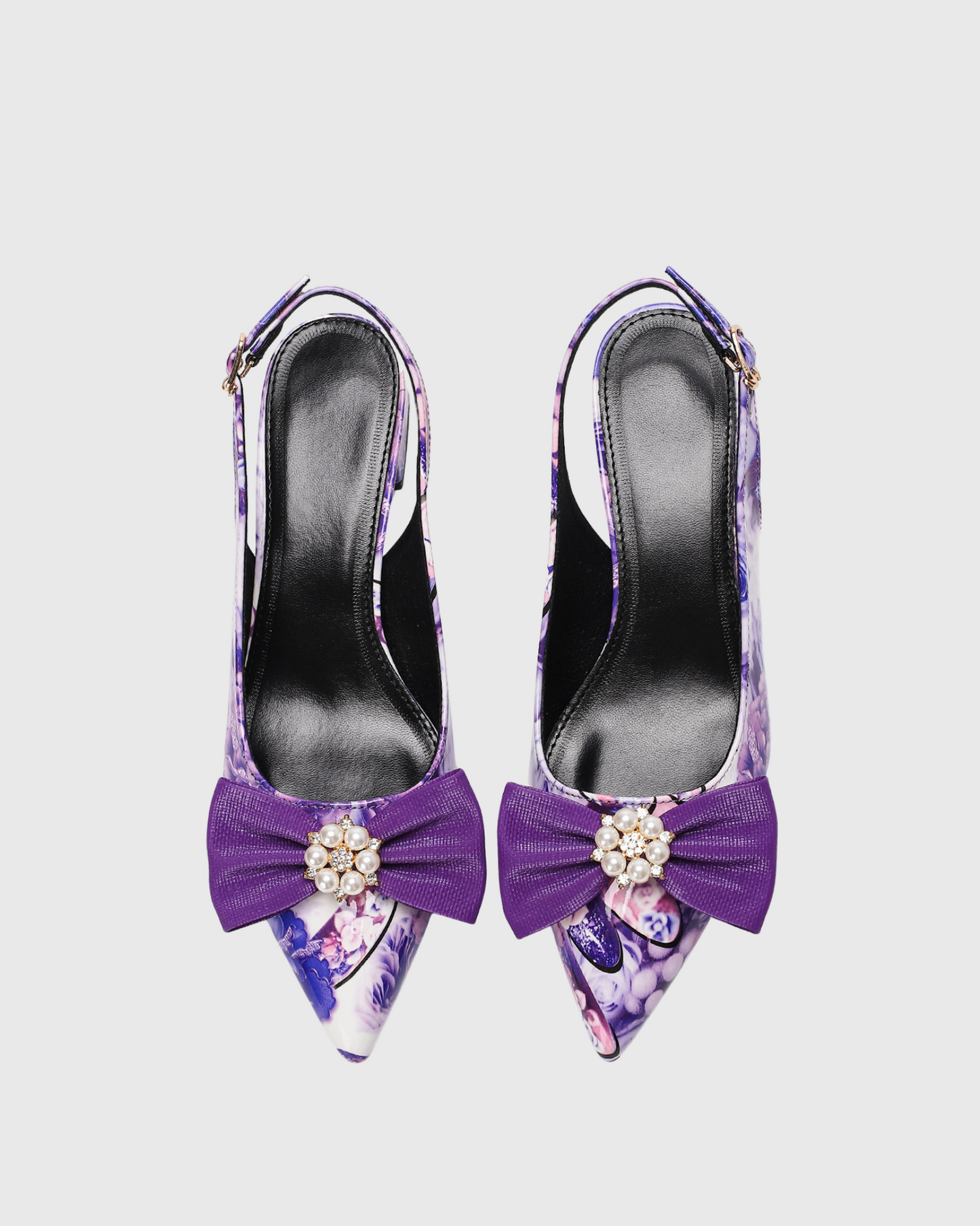Elena Bow Floral Print Chunky Heels In Purple