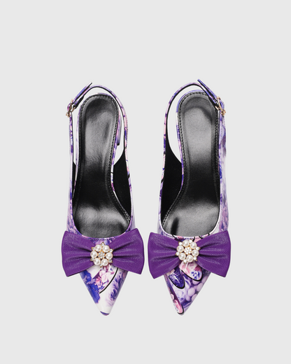 Elena Bow Floral Print Chunky Heels In Purple