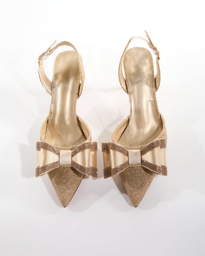 Elena Sparkle Bow Flared Heels In Gold