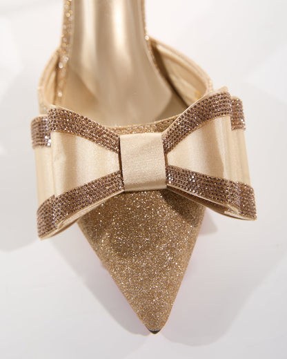 Elena Sparkle Bow Flared Heels In Gold