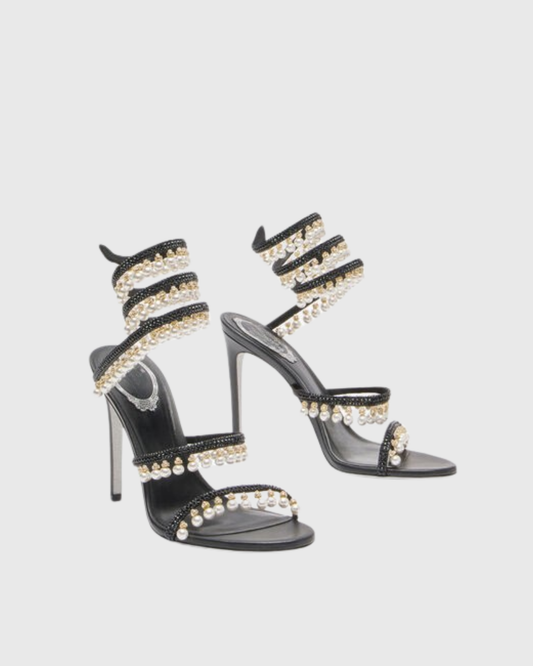 Elisa Pearl Fringe Snake Sandals In Black