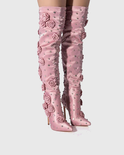 Erika Rhinestone Flower Knee High Boots
