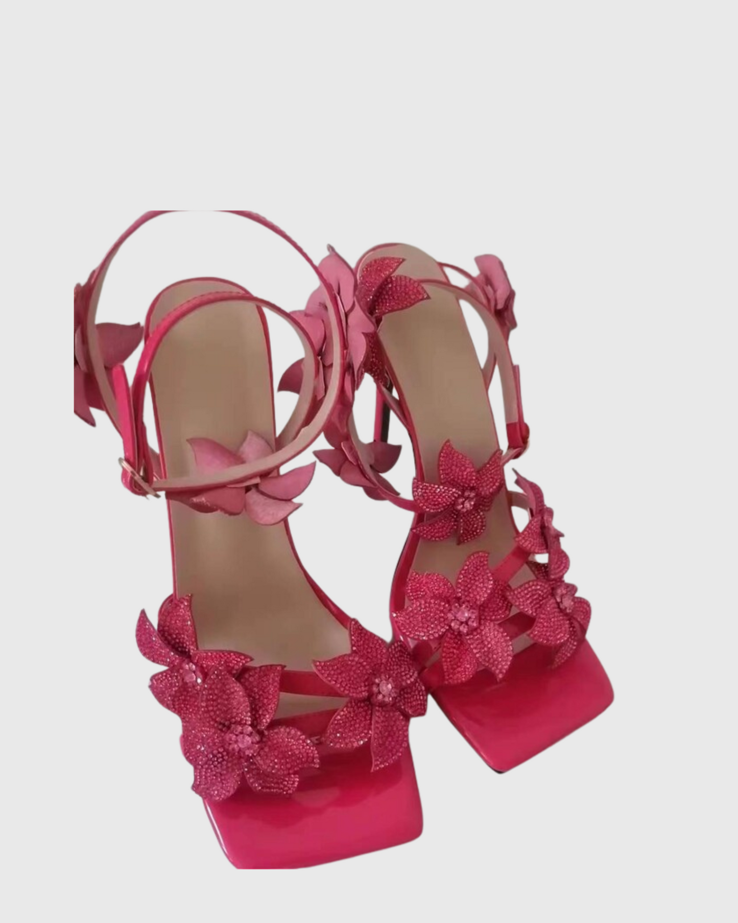 Ester Crystal Flower Strap Sandals In Hot Pink