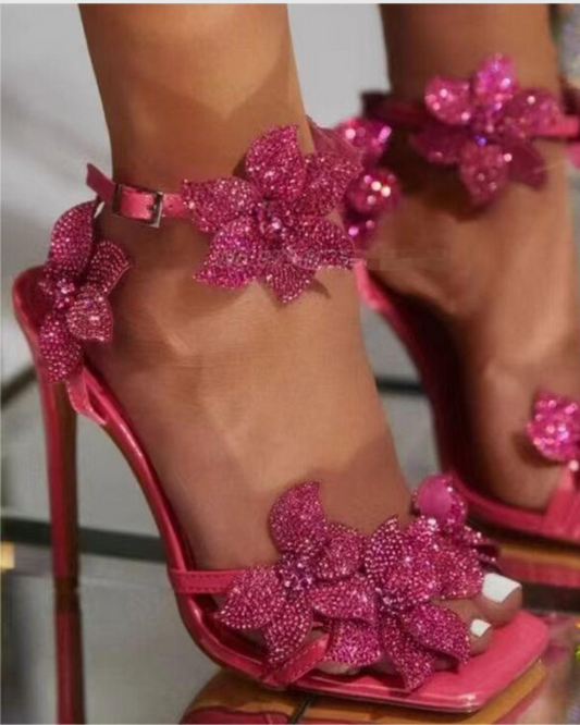 Ester Crystal Flower Strap Sandals In Hot Pink