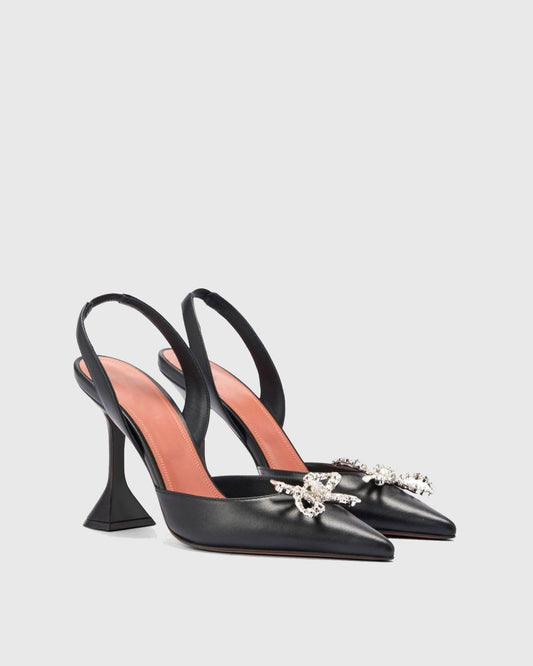 Fedora Crystal Bow Satin Slingback Flared Heels In Black