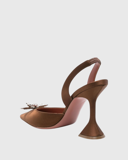 Fedora Crystal Bow Satin Slingback Pumps In Brown