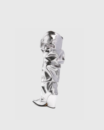 Gaia Ruched Metallic Knee High Boots In Silver