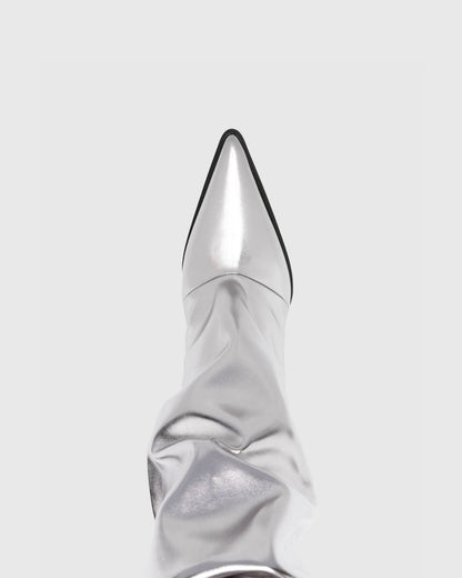 Gaia Ruched Metallic Knee High Boots In Silver