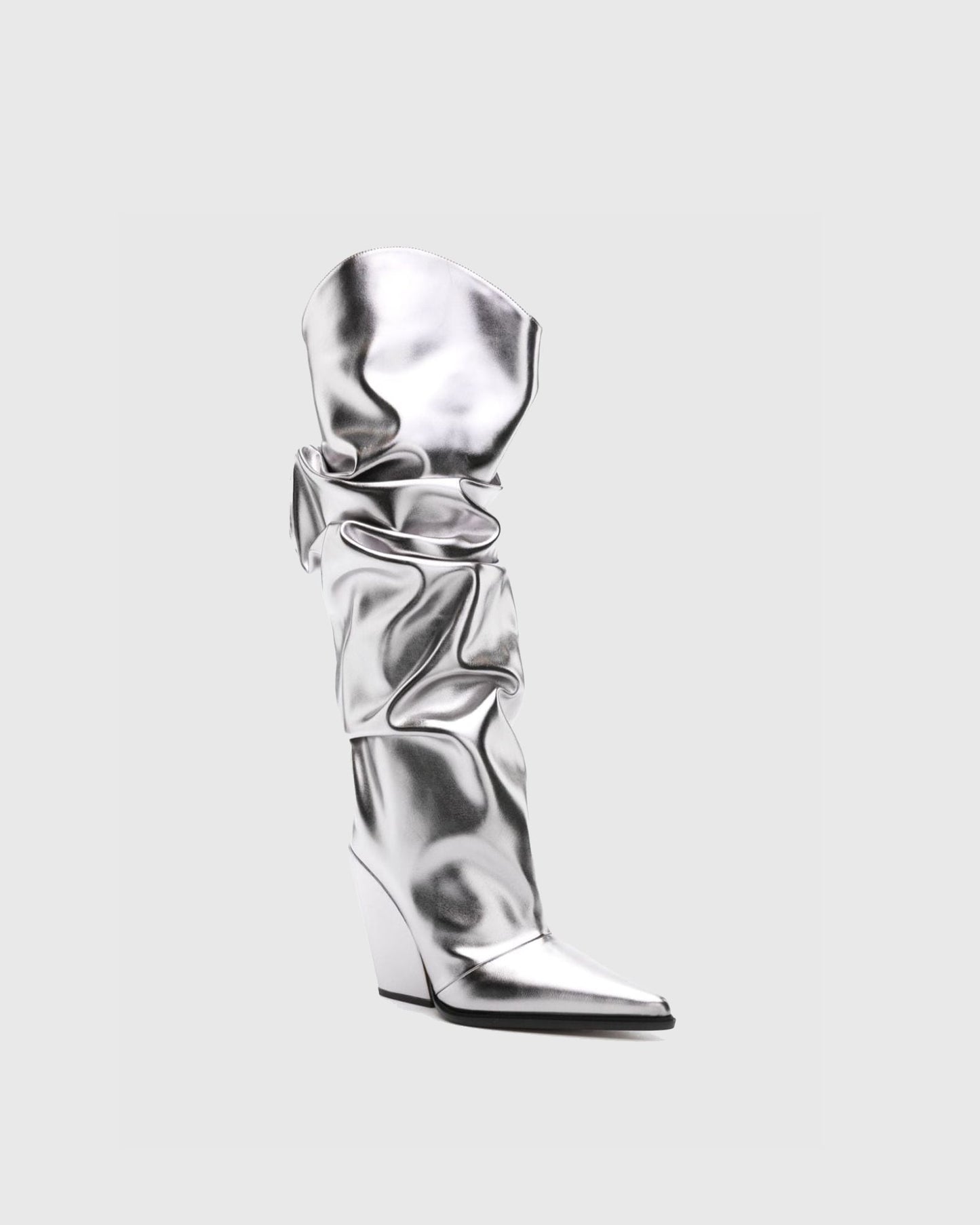 Gaia Ruched Metallic Knee High Boots In Silver