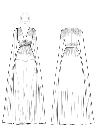 Formal Evening Dress Tulle Deep V Rhinestone Belted Cape Floor-Length Dress