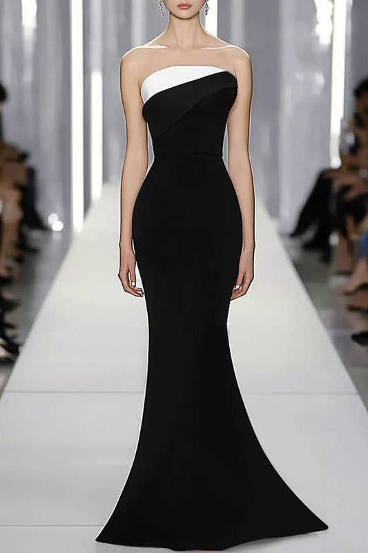 Evening Formal Strapless Dress Black-White Color Block Mermaid Maxi Dress