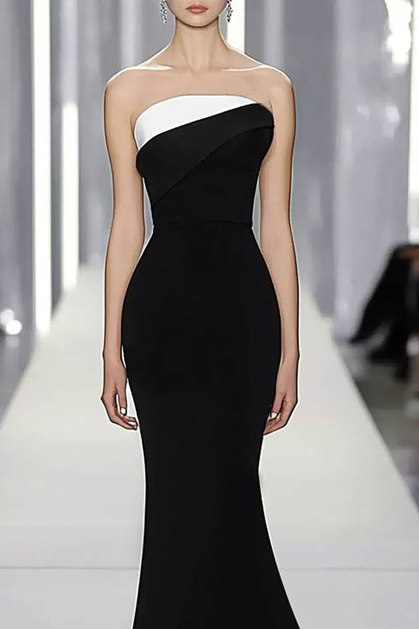 Evening Formal Strapless Dress Black-White Color Block Mermaid Maxi Dress