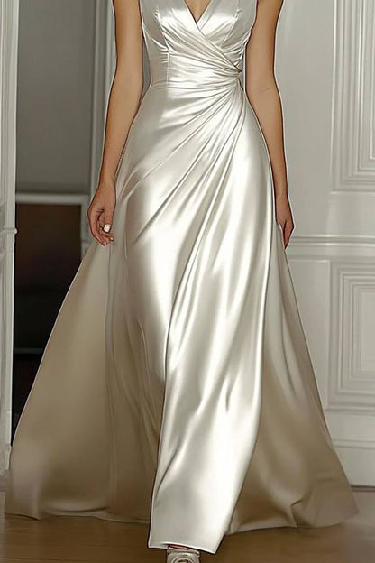 Evening Prom Satin Dress Off-White Sleeveless V-Neck Floor-Length Dress