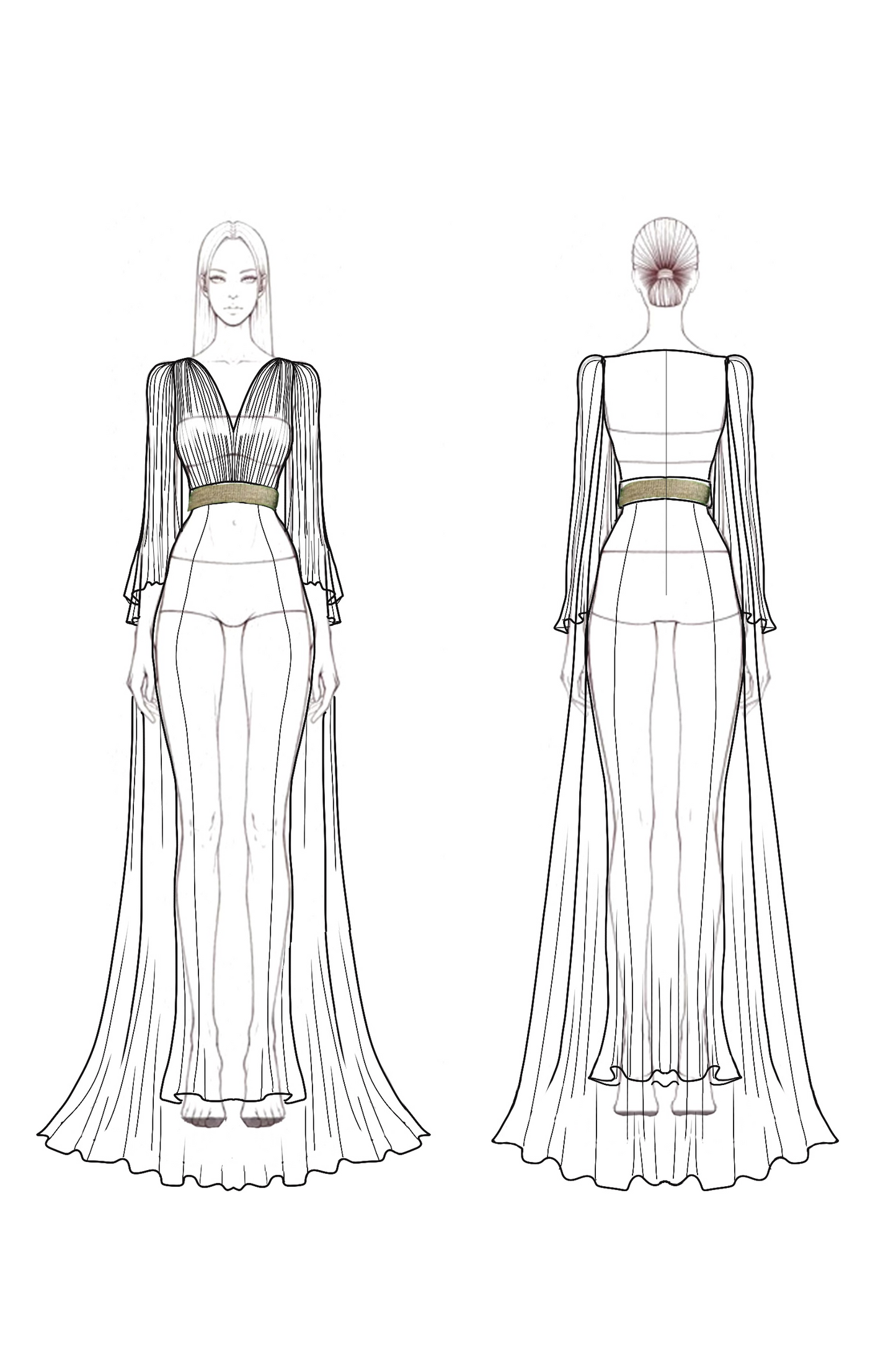 Evening Formal Dress Cape Long Sleeve Rhinestone Waistband V-Neck Maxi Dress