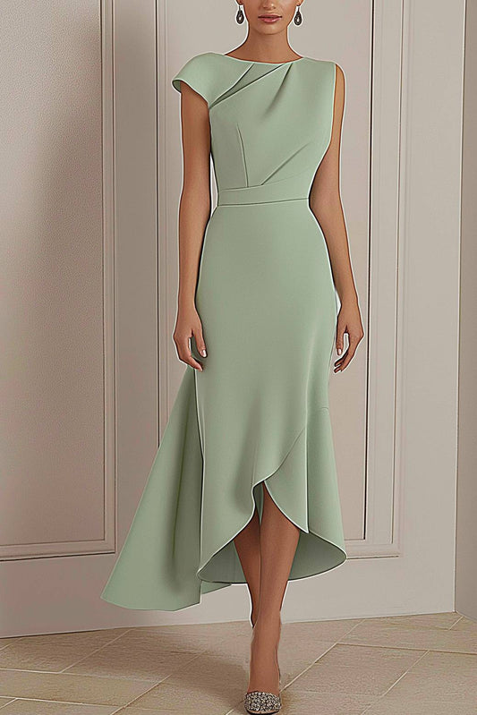 Daily Party Dress Sage Green Round Neck Asymmetric Midi Dress