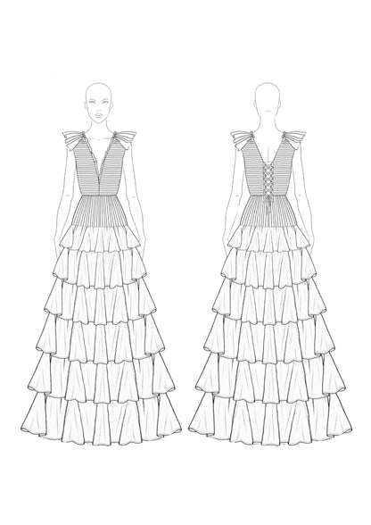Formal Prom Rose Red Ball Gown Sleeveless V-Neck Tiered Pleated Maxi Dress