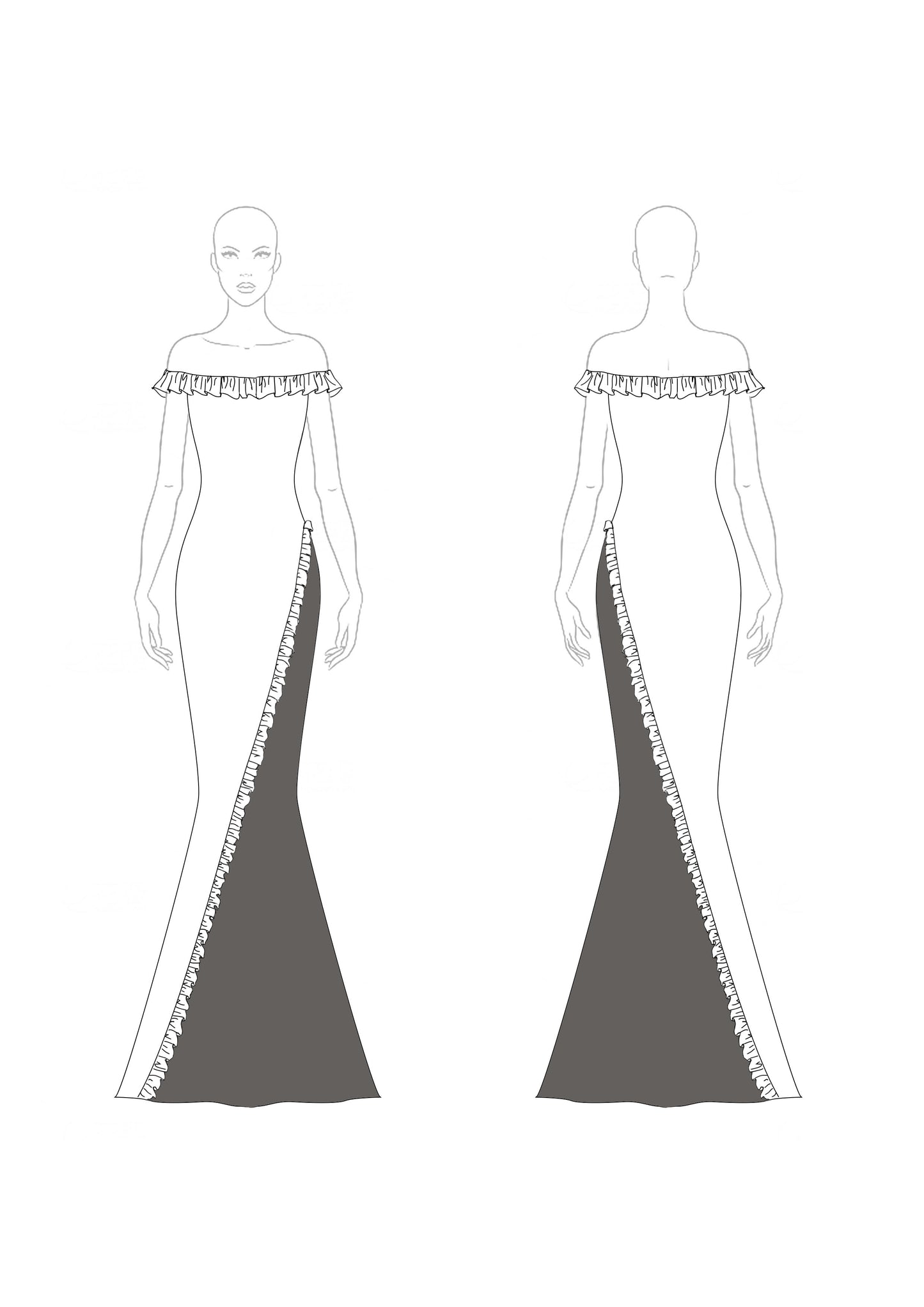 Formal Evening Gown Color Block Off-Shoulder Ruffle Floor-Length Dress