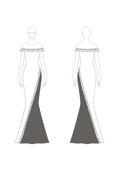 Formal Evening Gown Color Block Off-Shoulder Ruffle Floor-Length Dress