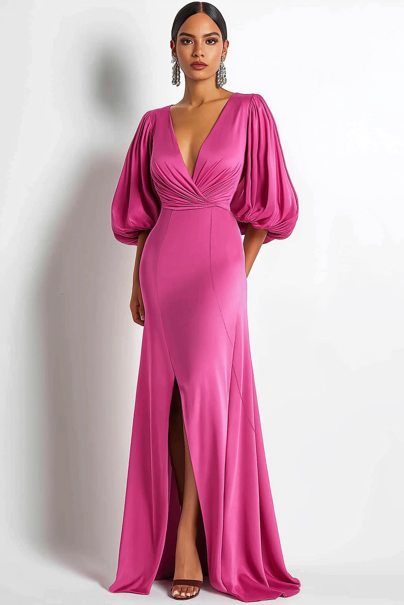 Formal Fuchsia Gown Deep V Bubble Sleeve Side Slit Floor-Length Dress