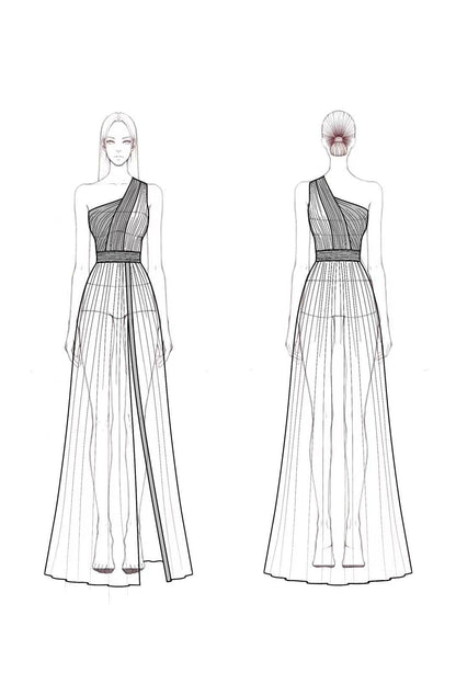 Evening Formal Dress Blue Black High Slit Pleated Floor-Length Dress