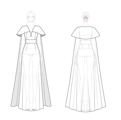 Formal Evening Dress White Deep V with Cape Rhinestone Belt Maxi Dress