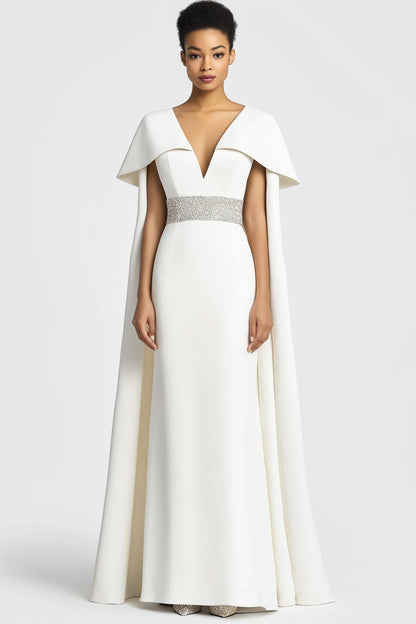 Formal Evening Dress White Deep V with Cape Rhinestone Belt Maxi Dress