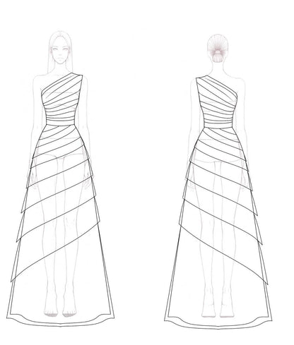 Formal Evening Dress Black One-Shoulder Multi-Layered Silver Belt Maxi Gown