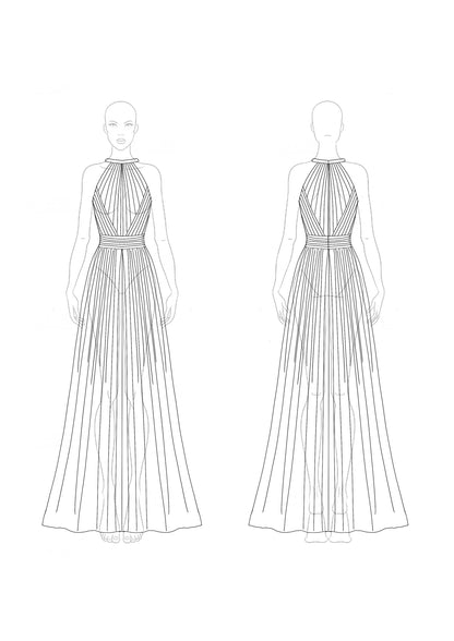 Evening Halter Dress Green-Blue Ombre Pleated Chiffon Maxi Dress