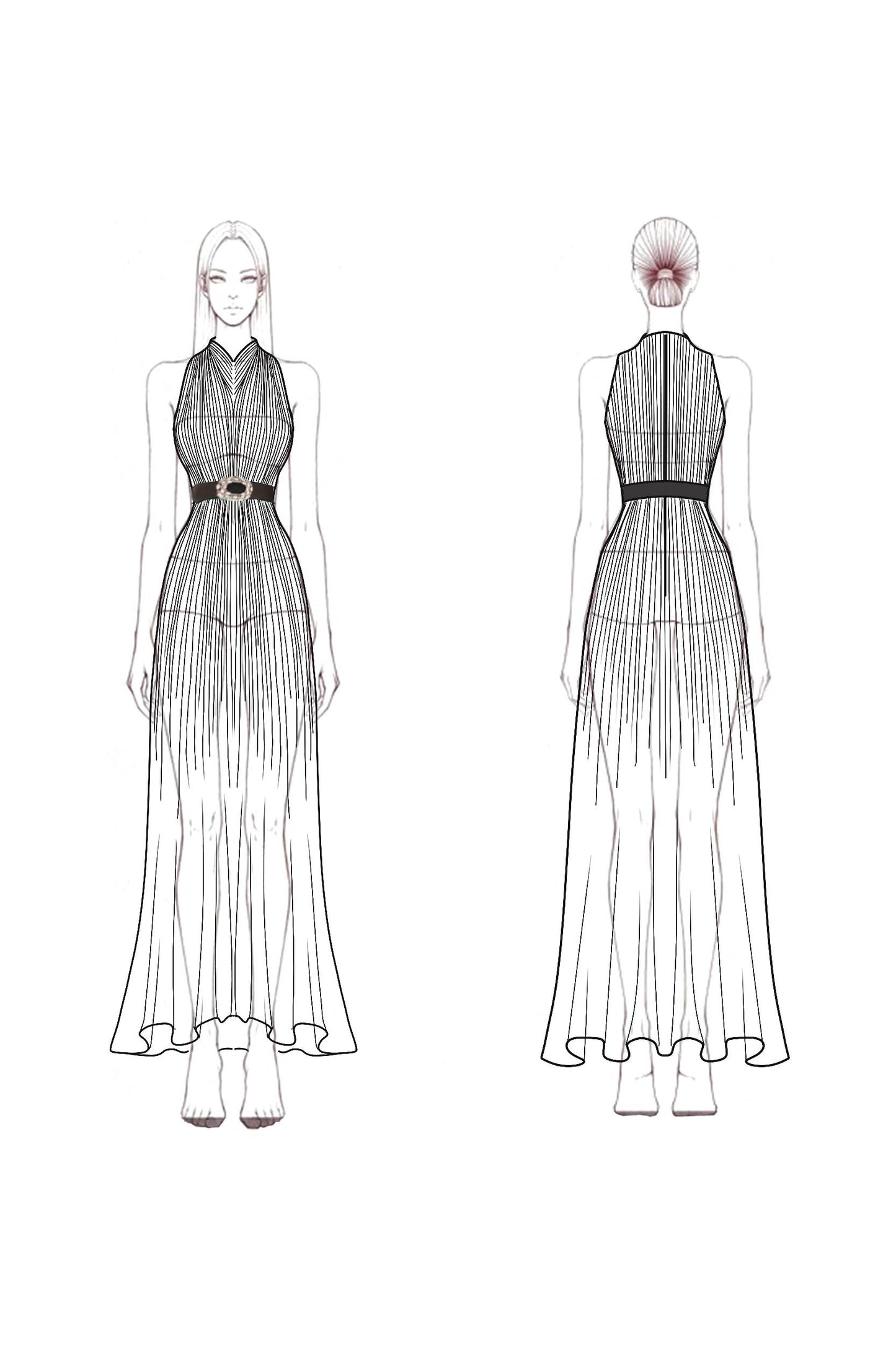 Evening Dress Green-White Ombre Pleated Chiffon Waist Tie Maxi Dress
