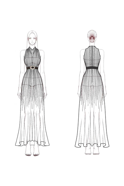 Evening Dress Green-White Ombre Pleated Chiffon Waist Tie Maxi Dress